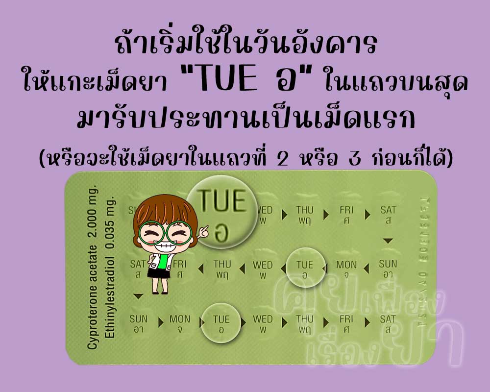 ถ้าเริ่มใช้ แดฟเน่ 35 วันอังคาร ก็ให้แกะเม็ดยา "TUE อ" จากแถวแรกมาใช้ก่อน