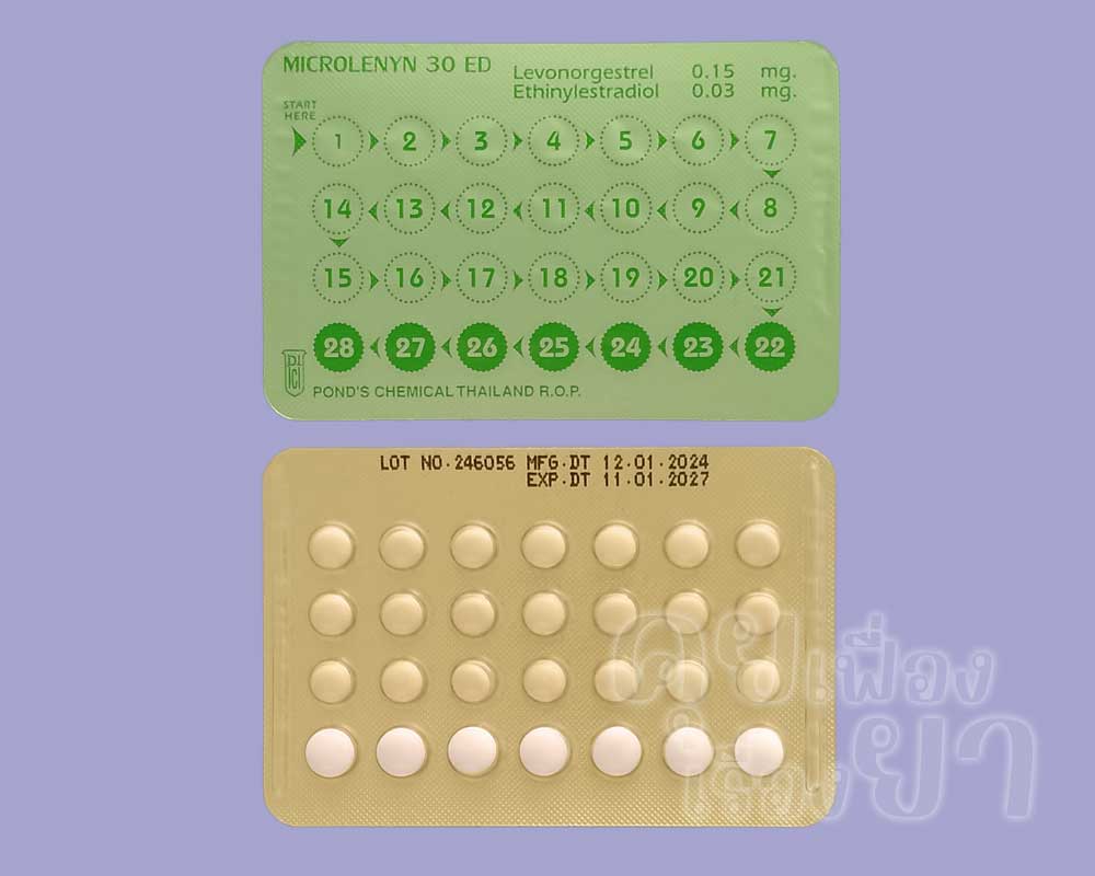 ในแผงของ ไมโครเลนิน 30 ท.ว. มีเม็ดยา 28 เม็ด ซึ่งจัดเรียงเป็น 4 แถว แถวละ 7 เม็ด