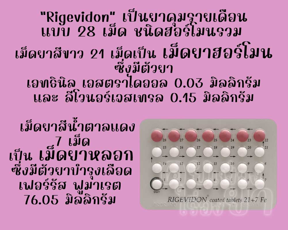 ริเกวิดอน เป็นยาคุมรายเดือนแบบ 28 เม็ด ชนิดฮอร์โมนรวม ซึ่งมีเม็ดยาฮอร์โมน 21 เม็ด และเม็ดยาหลอก 7 เม็ด
