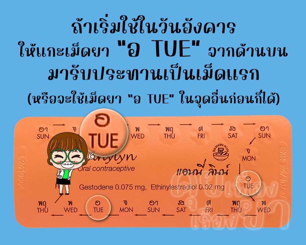ถ้าเริ่มใช้ แอนนี่ ลินน์ วันอังคาร ก็ให้แกะเม็ดยา "อ TUE" มาใช้ก่อน
