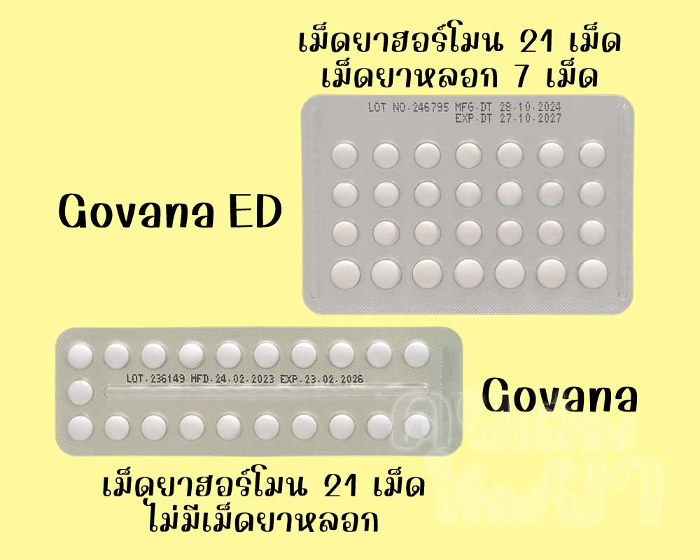 โกวานา อีดี มีเม็ดยาฮอร์โมน 21 เม็ด และเม็ดยาหลอก 7 เม็ด ส่วน โกวานา มีเฉพาะเม็ดยาฮอร์โมน 21 เม็ด