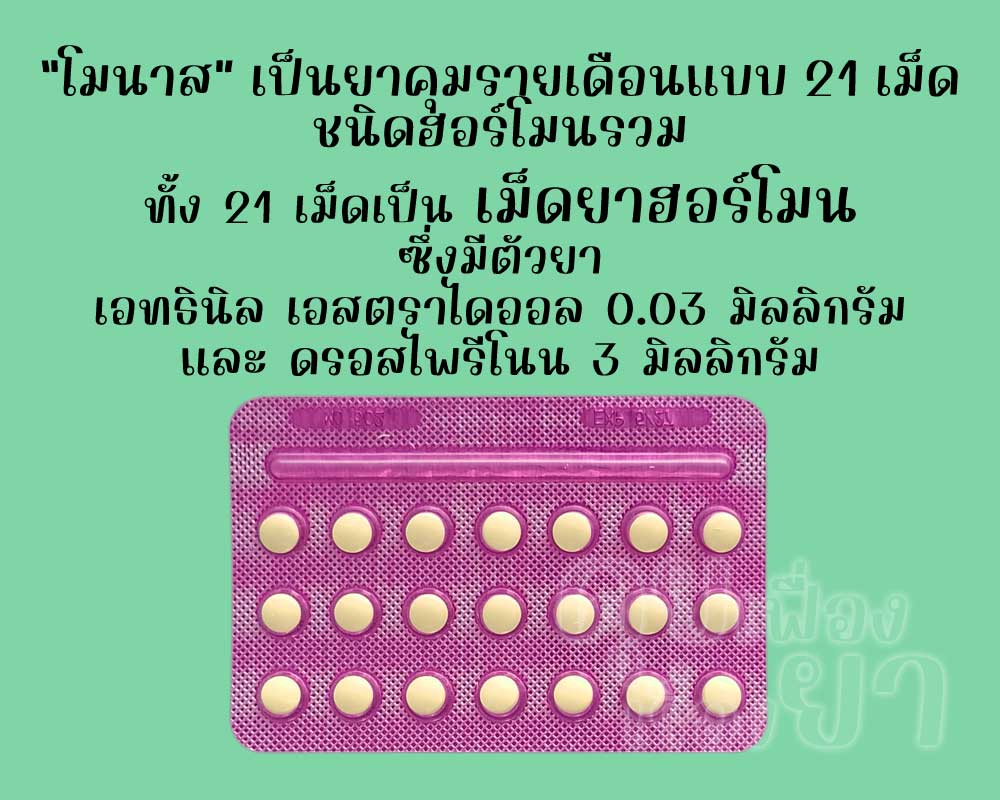 โมนาส เป็นยาคุมรายเดือนแบบ 21 เม็ด ชนิดฮอร์โมนรวม ซึ่งแต่ละเม็ดมีตัวยาเอทธินิลเอสตราไดออล 0.03 มิลลิกรัม และดรอสไพรีโนน 3 มิลลิกรัม