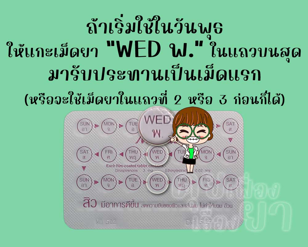 ถ้าเริ่มใช้ โมนาส วันพุธ ก็ให้แกะเม็ดยา "WED พ." จากแถวแรกมาใช้ก่อน