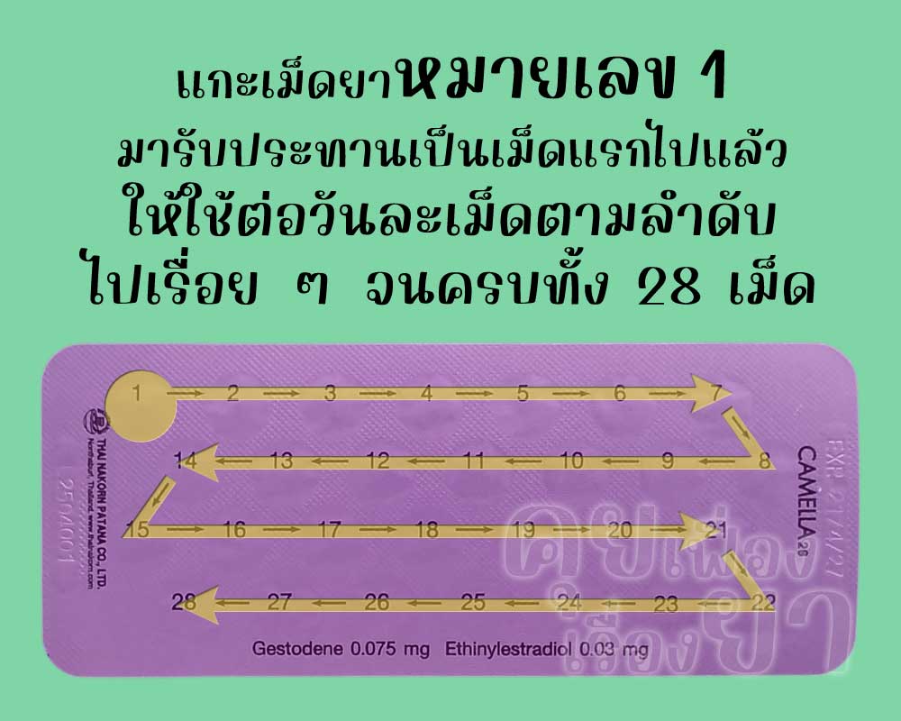 รับประทานเม็ดแรกไปแล้ว ก็ให้ใช้ คาเมลล่า 28 ต่อวันละเม็ด จนครบทั้ง 28 เม็ด
