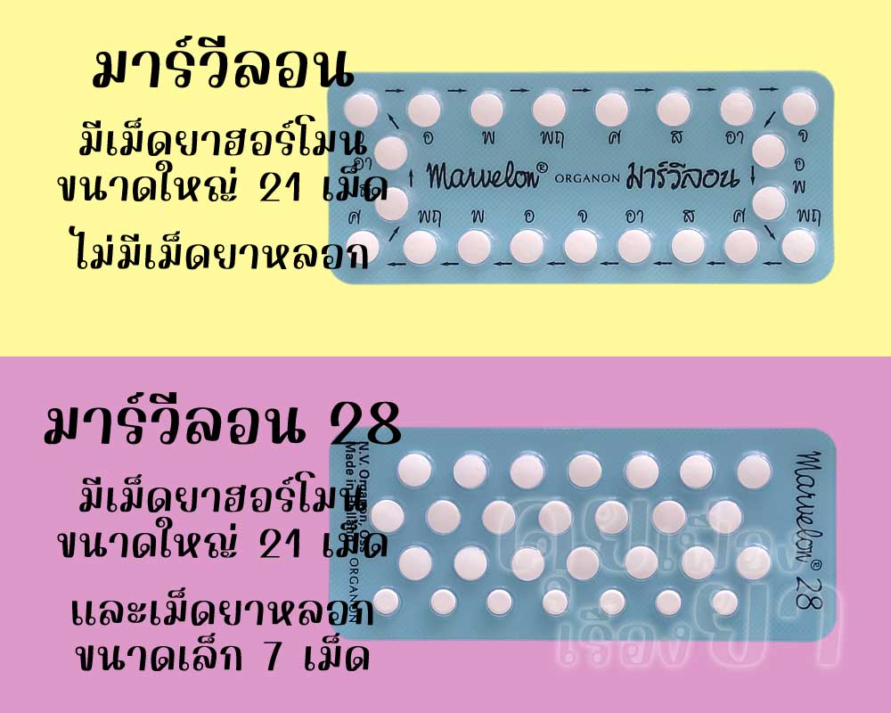 ในแผงของ มาร์วีลอน มีเม็ดยาฮอร์โมน 21 เม็ด ส่วน มาร์วีลอน 28 มีเม็ดยาฮอร์โมน 21 เม็ด และเม็ดยาหลอก 7 เม็ด
