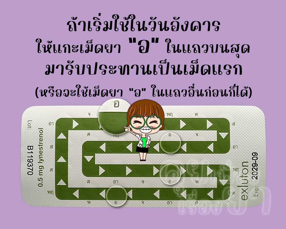 ถ้าเริ่มใช้ เอ็กซ์ลูตอน วันอังคาร ก็ให้แกะเม็ดยา "อ" จากแถวแรกมาใช้ก่อน