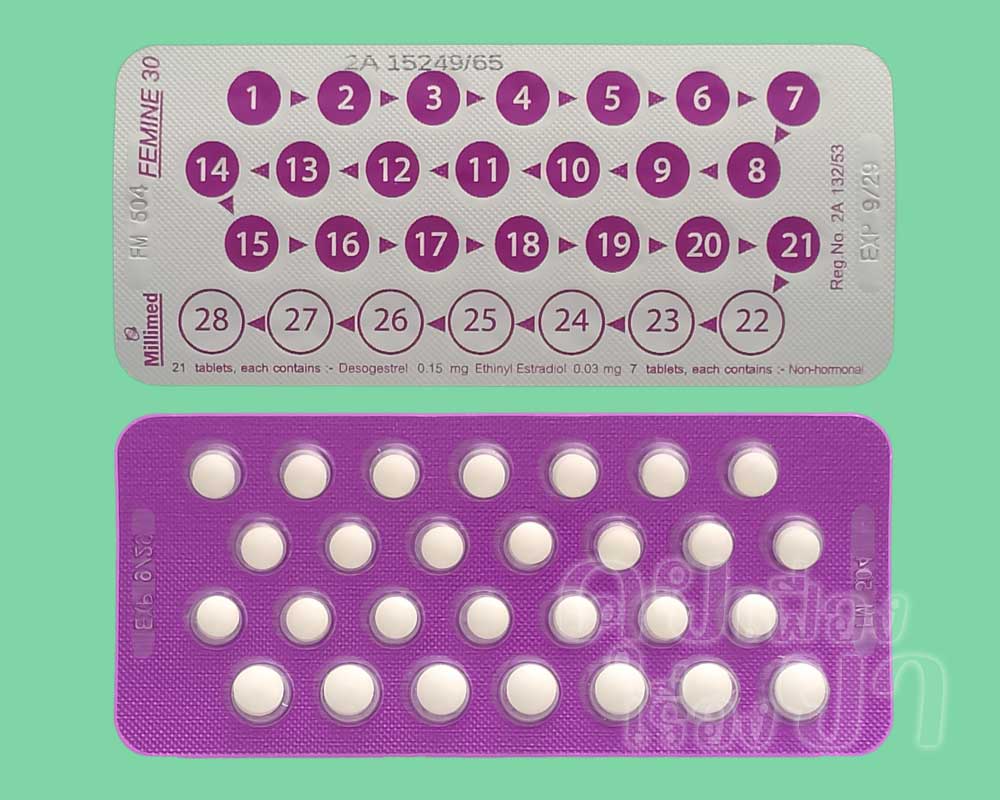 ในแผงของ ฟีมีน 30 มีเม็ดยา 28 เม็ด ซึ่งจัดเรียงเป็น 4 แถว แถวละ 7 เม็ด