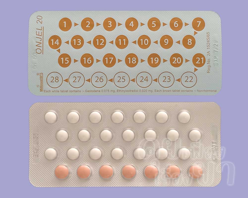 ในแผงของ ออนเจล 20 มีเม็ดยา 28 เม็ด ซึ่งจัดเรียงเป็น 4 แถว แถวละ 7 เม็ด