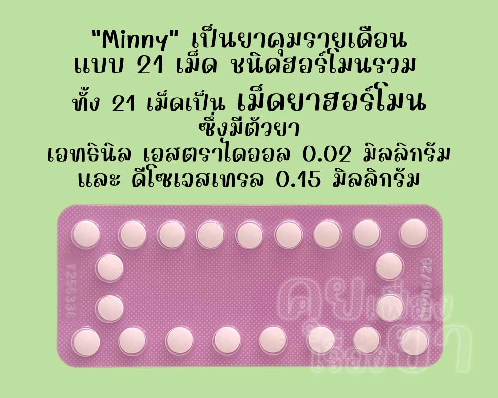 มินนี่ เป็นยาคุมรายเดือนแบบ 21 เม็ด ชนิดฮอร์โมนรวม ซึ่งแต่ละเม็ดมีตัวยาเอทธินิลเอสตราไดออล 0.02 มิลลิกรัม และดีโซเจสเทรล 0.15 มิลลิกรัม