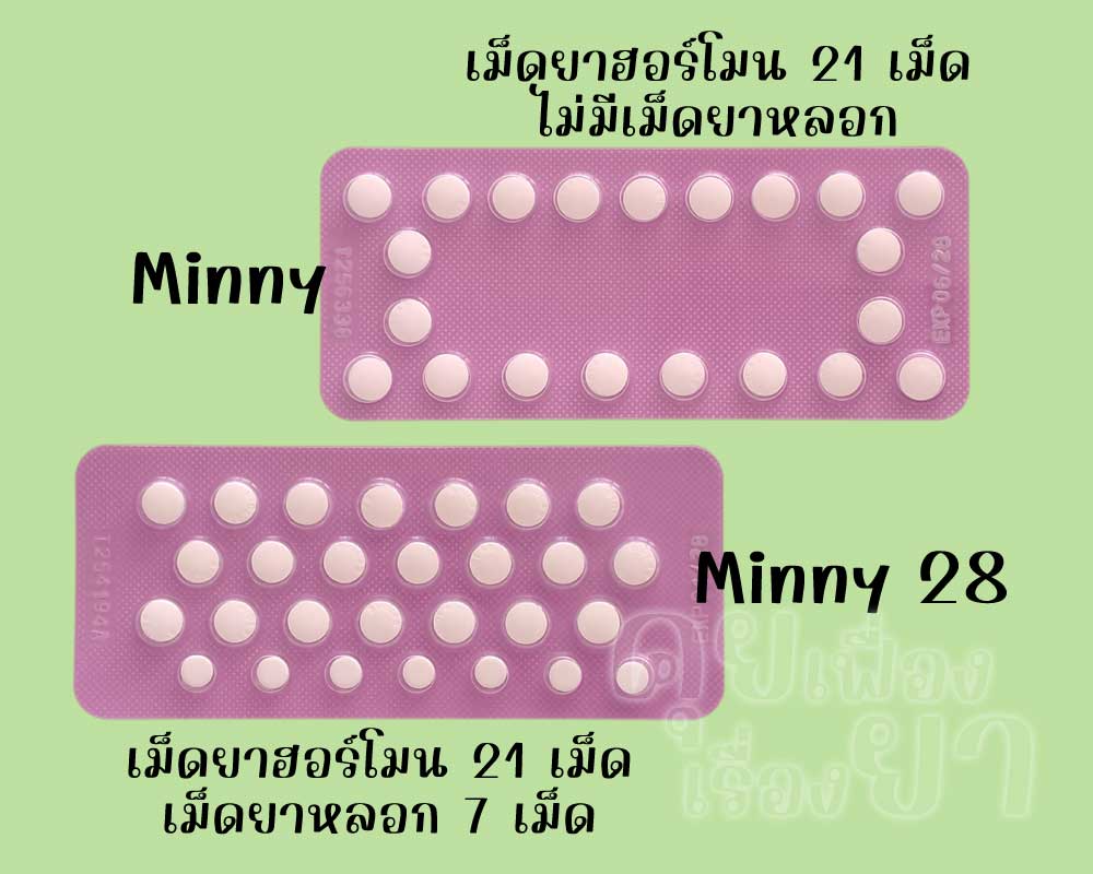 มินนี่ มีเฉพาะเม็ดยาฮอร์โมน 21 เม็ด ส่วน มินนี่ 28 มีเม็ดยาฮอร์โมน 21 เม็ด และเม็ดยาหลอก 7 เม็ด