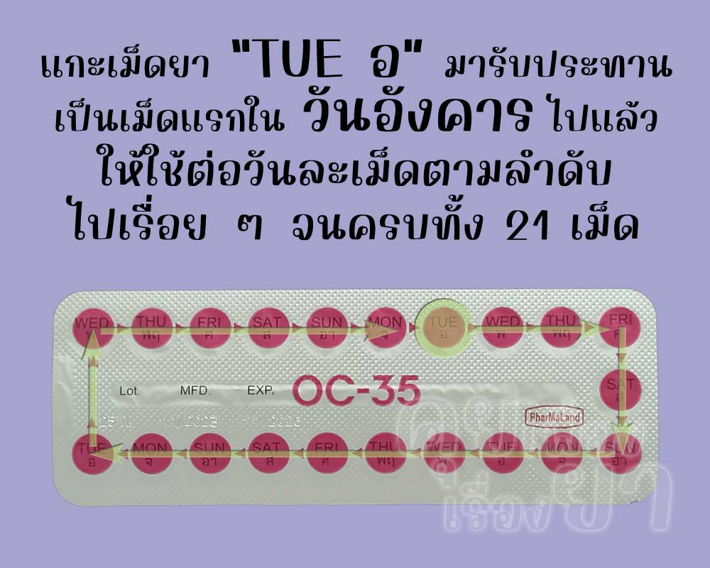 รับประทานเม็ดแรกไปแล้ว ก็ให้ใช้ โอซี-35 ต่อวันละเม็ด จนครบทั้ง 21 เม็ด