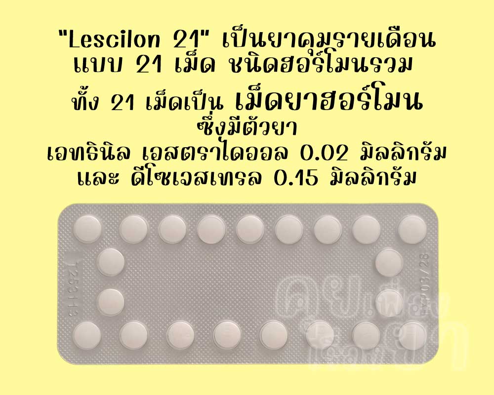 เลสซิลอน 21 เป็นยาคุมรายเดือนแบบ 21 เม็ด ชนิดฮอร์โมนรวม ซึ่งแต่ละเม็ดมีตัวยาเอทธินิลเอสตราไดออล 0.02 มิลลิกรัม และดีโซเจสเทรล 0.15 มิลลิกรัม