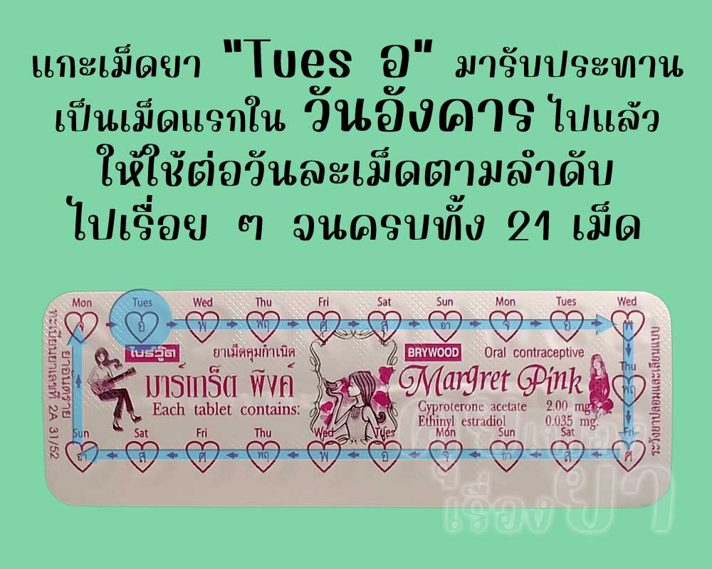 รับประทานเม็ดแรกไปแล้ว ก็ให้ใช้ มาร์เกร็ต พิงค์ ต่อวันละเม็ด จนครบทั้ง 21 เม็ด