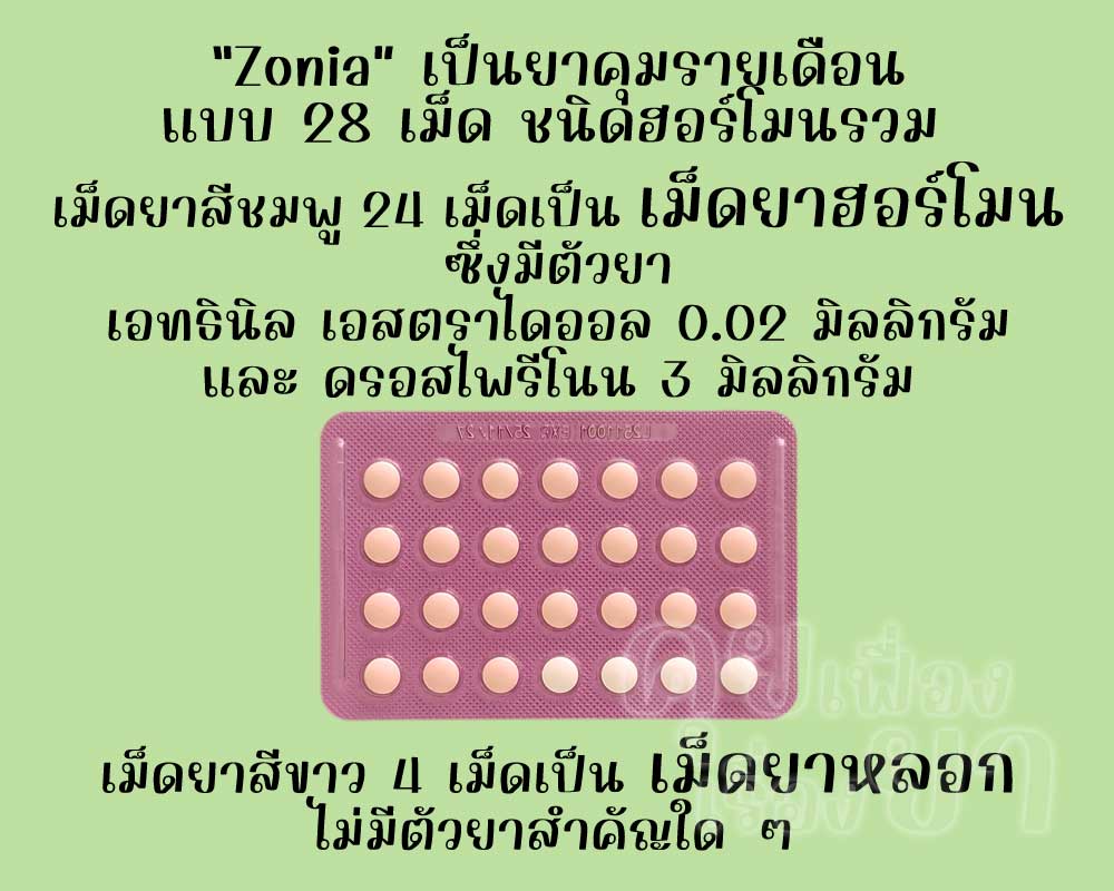 โซเนีย เป็นยาคุมรายเดือนแบบ 28 เม็ด ชนิดฮอร์โมนรวม ซึ่งมีเม็ดยาฮอร์โมน 24 เม็ด และเม็ดยาหลอก 4 เม็ด