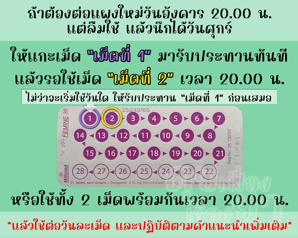ลืมต่อแผงใหม่ยาคุม ฟีมีน 30 ติดต่อกัน 3 วันขึ้นไป