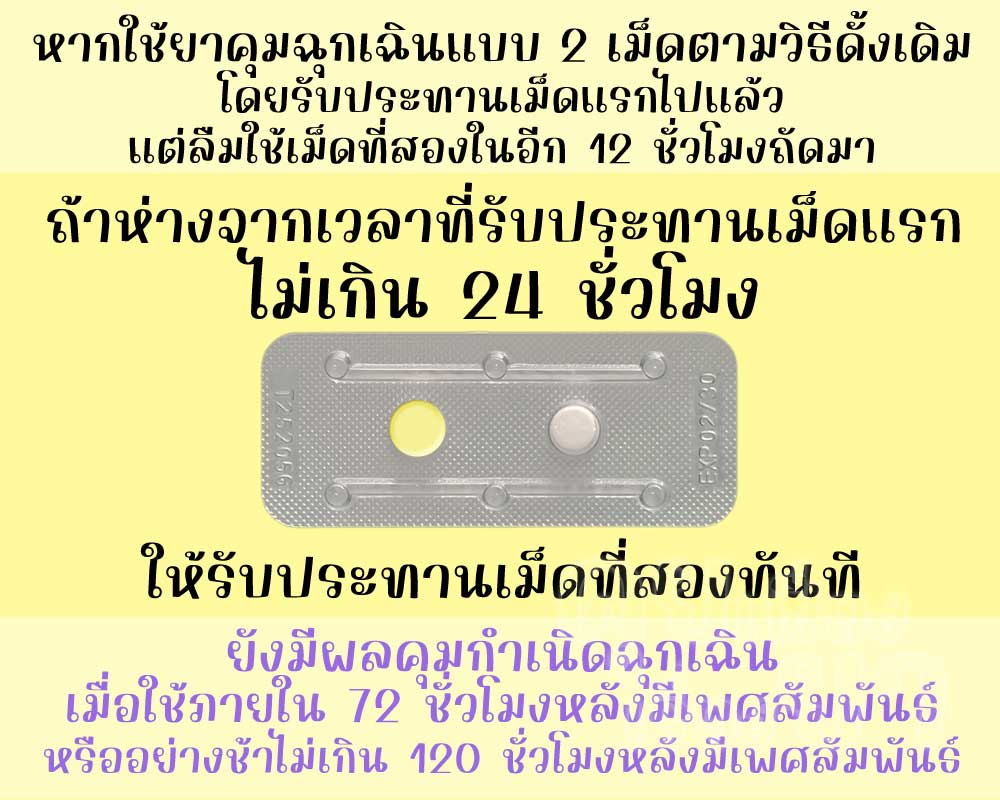 ถ้าลืมยาคุมฉุกเฉินเม็ดที่สอง ให้รีบใช้โดยห่างจากเม็ดแรกไม่เกิน 24 ชั่วโมง